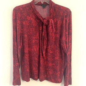 Ann Taylor Top Large Red Paisley Tie Neck Long Sleeve